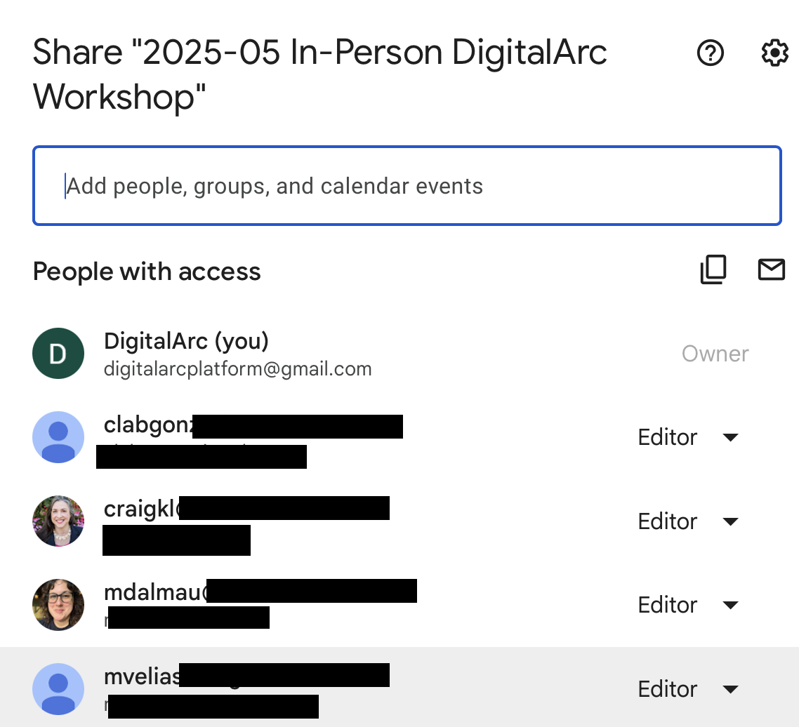 Screen shot of digitalarcplatform Google Drive illustrating how to share files and assign permissions