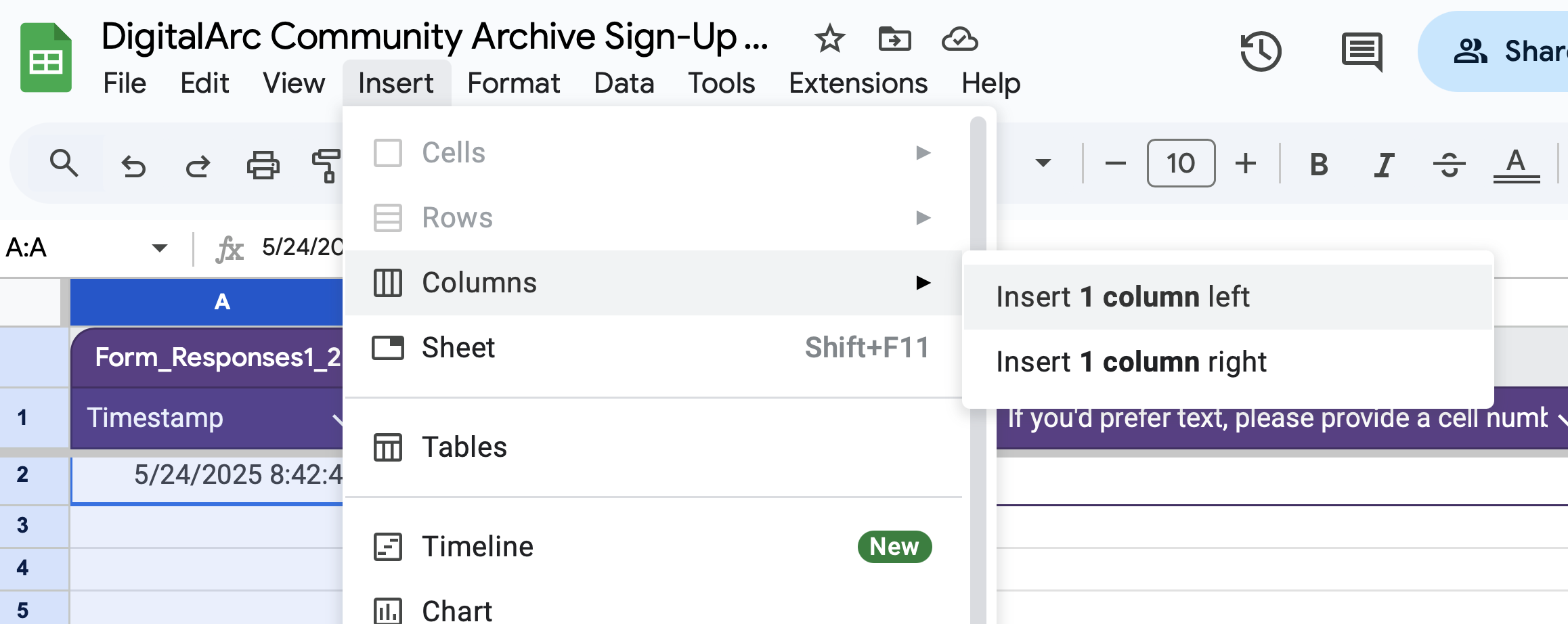How to insert a Google sheets column